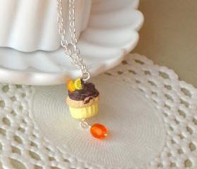 Cupcake necklace for kids, in yellow, brown and orange, polymer clay, girl jewelry