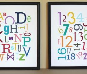 Multi-Color Alphabet and Numbers Art Prints, 11x14, Unframed