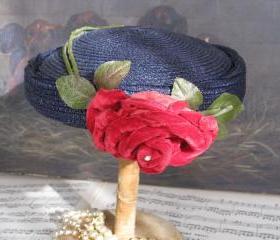 Sweet Vintage Navy Blue Straw Hat with Red Velvet Rose 1940s