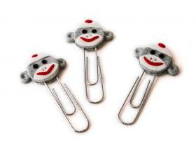 Gray Sock Monkey Face PaperClip Bookmarks Set of 3 Handmade in Polymer Clay