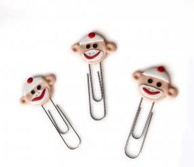  Orange Sock Monkey Face PaperClip Bookmarks Set of 3 Handmade in Polymer Clay