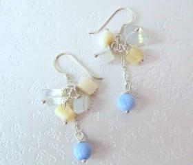 Fair Lady at the Beach Earrings - 925 Silver, Moonstone, Blue Agate, Shell Pearl
