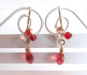 Dancing Red Fairies Earrings-Fresh Water Pearls, Swarovski Briolettes, 14K Gold