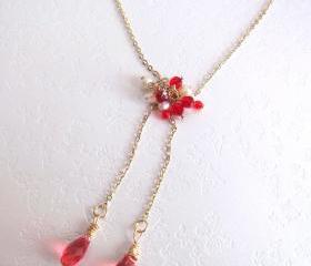 Dancing Red Fairies Necklace-Fresh Water Pearls, Swarovski Briolettes, 14K Gold Plated Chain
