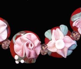 Lampwork, Glass Beads, Flowers, Bracelet Set- 4 Glass Beads- 'Vintage Flower Medley' -SRA