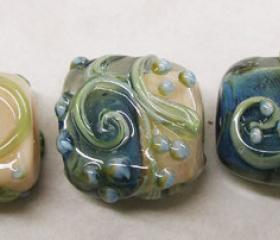 Lampwork Beads -TRELLIS SWIRLS,Salmon and Dusty Blue - HandMade LampWork Glass Beads By Kathleen Robinson-Young (set of 5beads)