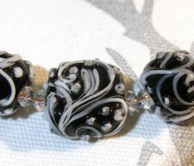 TRELLIS SWIRLS, White on Black - HandMade LampWork Glass Beads By Kathleen Robinson-Young (set of 5beads)