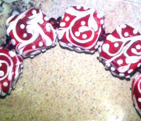 TRELLIS SWIRLS, White on Red - HandMade LampWork Glass Beads By Kathleen Robinson-Young (set of 5beads)