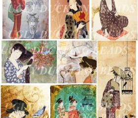 Ladies of Old Japan Digital Collage Sheet - Original Art Work- Clip Art Elements- Digital Scrapbooking