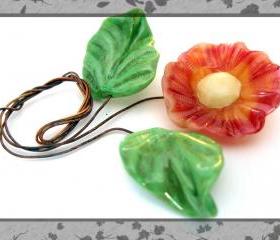 Soft Melon Color Lampwork Flower with 2 leaf set-SRA
