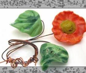Graceful Orange Lampwork Flower with 2 Leaf Set-SRA