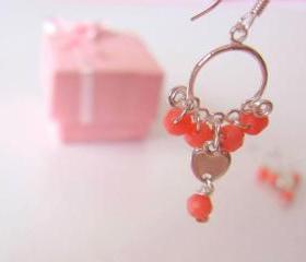 Heart Coral Earrings-925 Silver & Heart Charm, Coral Quartz