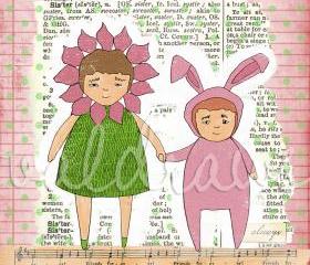 Children's art print Sisters art print Two girls holding hands Sisters 6 x 6 print