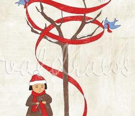 Knitting art Winter art Bluebird art Friendship art Girl knitting scarf Wrapped In The Warmth Of Friendship 8 x 10 print