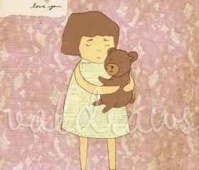 Girl hugging teddy bear art print Comfort 8 x 10 print