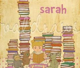 Girl reading to stuffed animals among stacks of books Wonder personalized 8 x 10 print (girl)