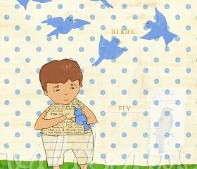 Boy holding bluebird on polka dot background Bluebirds 8 x 10 print