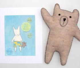 Personalized boy's nursery print with hand-stitched felt bear
