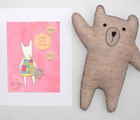 Personalized girl's nursery print with hand-stitched felt bear