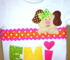 Toddler girl tshirt with cute puppy applique. Birthday girl tshirt.