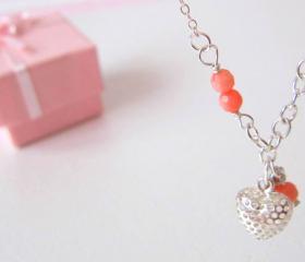 Heart Coral Necklace- 925 Silver & Coral Quartz