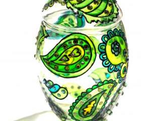 Hand Painted Glass Jar with Lid, Chrysolite, Paisley