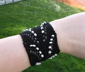 Black Cotton Knit Lace Cuff Bracelet with White Beads - Ready to Ship