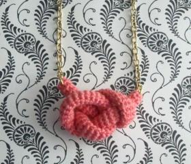 Bonds, crochet knot necklace. Nautical knot. Coral pink cotton yarn