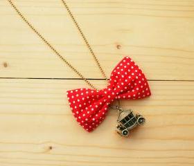Bow Necklace, Red polka dot