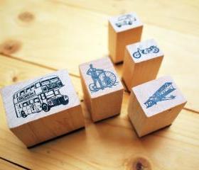 Wooden Rubber Stamp Box, Vintage Vehicle set