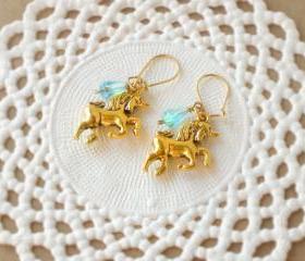 'Magic tears' unicorn earrings fairytale - 'Treasures' collection - aqua blue and gold tones, vintage style
