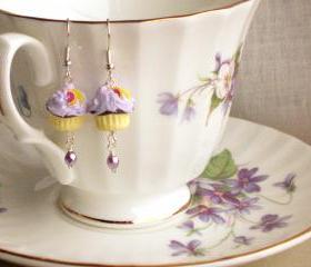 Girl cupcake earrings in lilac and yellow, polymer clay, children kids jewelry