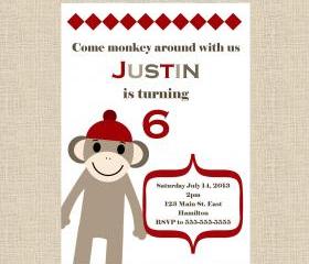 Sock Monkey Birthday Party Invitation - Girl or boy - Printable