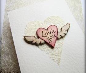 White Heart Card ~ Wooden winged 'Love You'