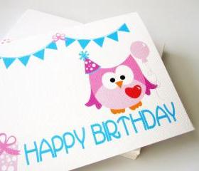 Owl birthday card , Pink owl Birthday card A51