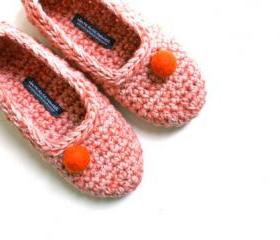 Crochet Slippers for Women, House Shoes in Salmon Pink Coral Orange Felt Ball