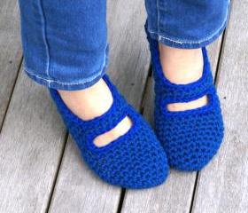 Crocheted Mary Jane House Slippers in Blue, Women's, House Shoes, Slipper Socks