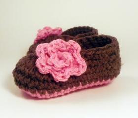 Crochet Rose Baby Booties - chocolate brown and pink