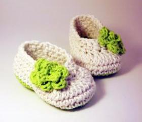 Antique Ivory Ballet style crochet Booties with lime green rose