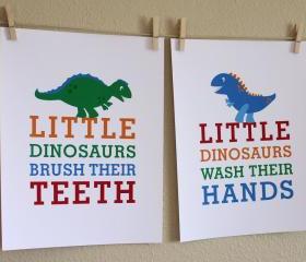 Little Dinosaurs Wash Hands and Brush Teeth, Two 8x10 Prints