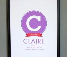 Baby Birth Announcement Art Print, 11x14, Custom Colors