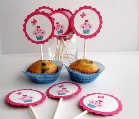 12 Valentine Day Cupcake and butterfly Cupcake toppers , adorable pink and hot pink Cupcake A29
