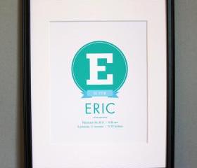 Baby Birth Announcement Poster, 8x10, Custom Colors, Unframed 