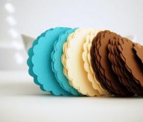 48 Scalloped Circles (2.5 inches) in Aqua, beige and Brown textured Cardstock Die Cut A80