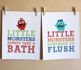 Little Monsters Remember to Flush and Always Take a Bath, Two 8x10 Prints - BOY