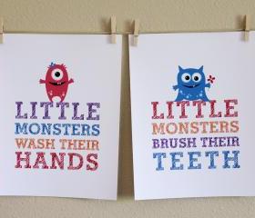 Little Monsters Wash Their Hands and Brush Their Teeth, Two 8x10 Prints - GIRL