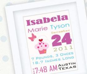 custom announcement, Pink Cupcake Birth Announcement Print for Nursery A154
