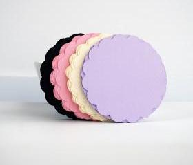 36 Scalloped circles (3.5 Inches) in Light Purple, Beige, Light Pink and Black Textured Cardstock A67