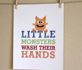 Little Monsters Wash Their Hands art print, 8x10, BOY