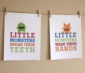 Little Monsters Bathroom Art Prints, Two 8x10 Prints